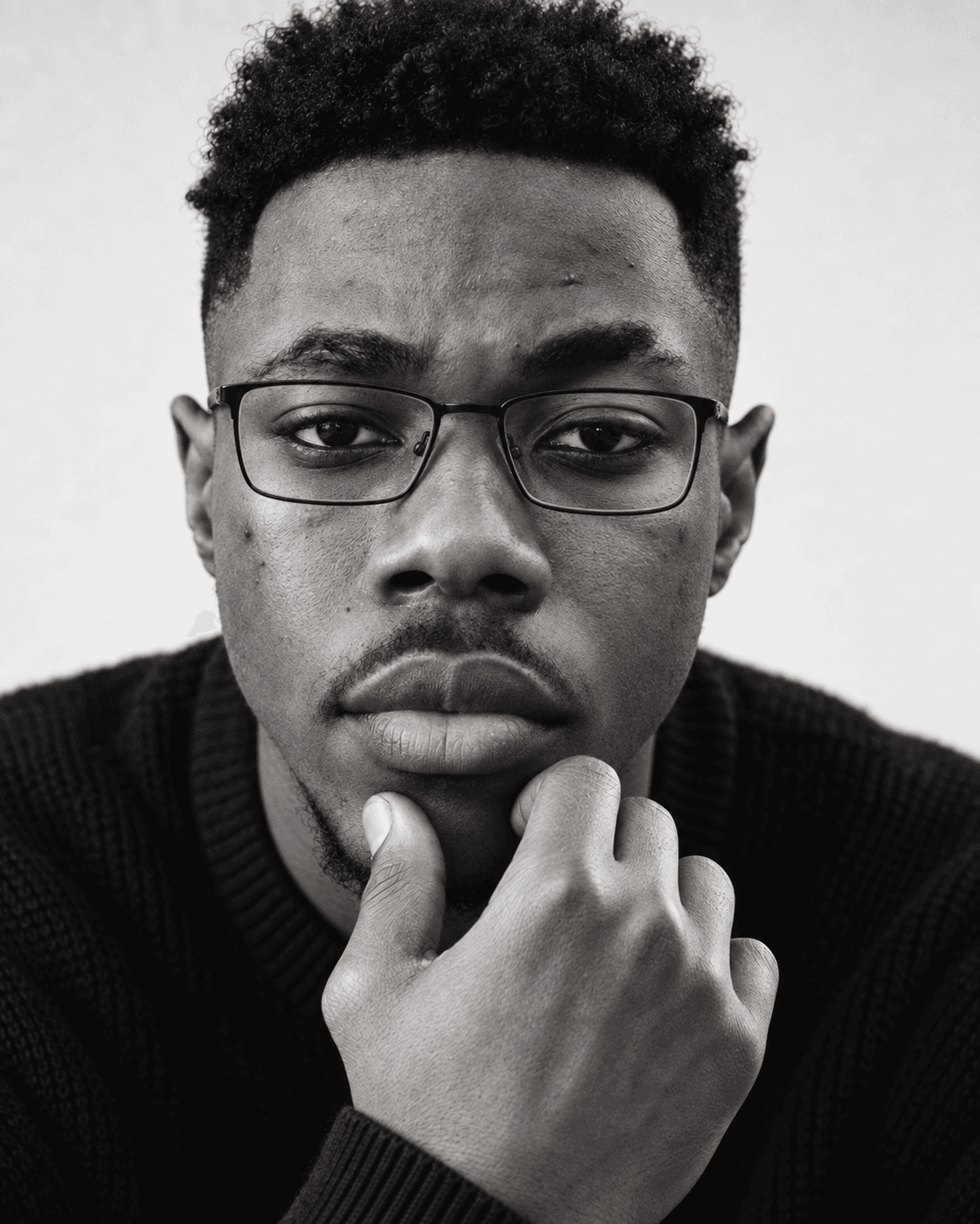 Ese Curtis wearing glasses in a close-up studio portrait